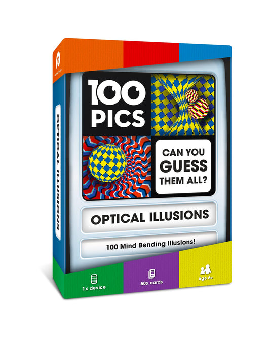 100 PICS Optical Illusions slide reveal case with 50 cards for travel entertainment.