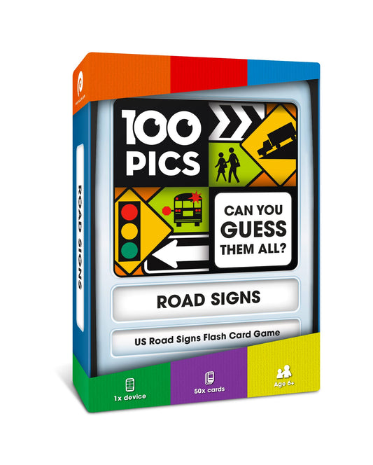 100 PICS US Road Signs travel game cover, a compact learning buddy for road trips.