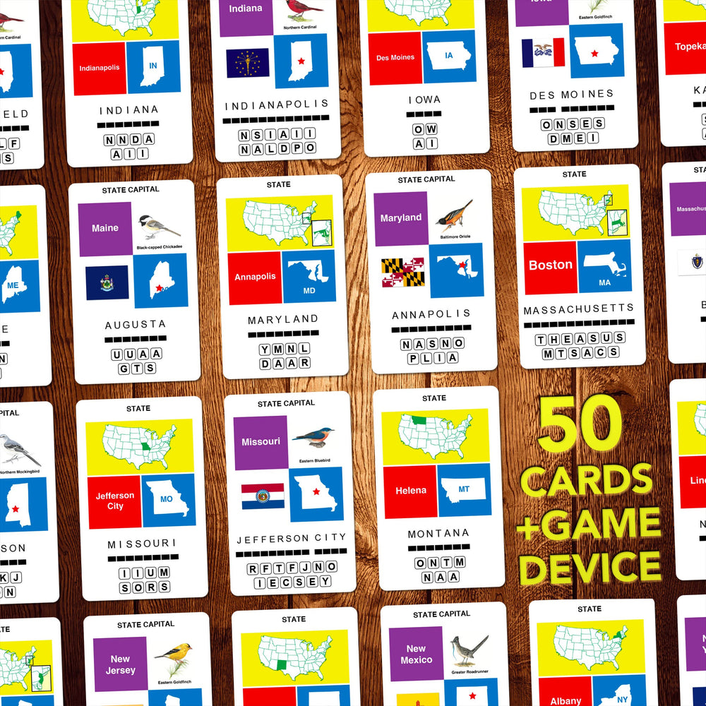 100 PICS US States & Capitals question card shows a state and its capital for memory practice