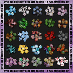 Seven polyhedral dice close-up showing varied patterns for strategy