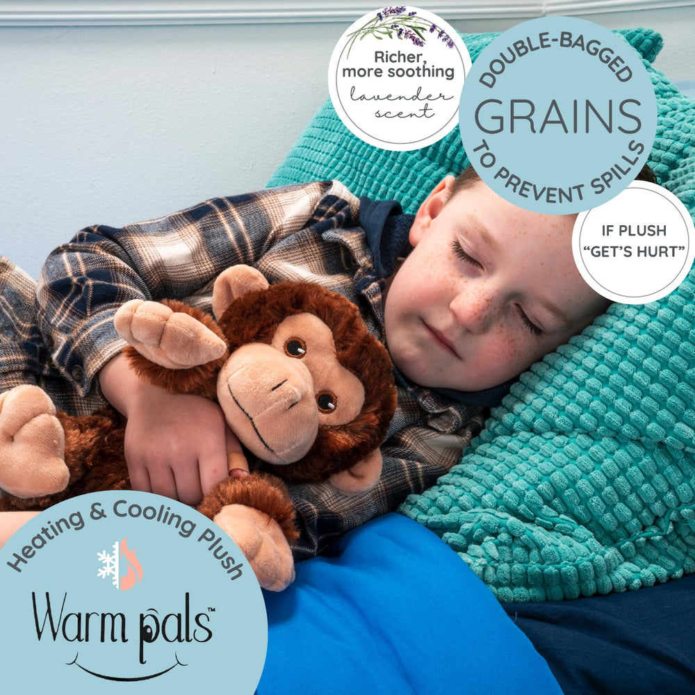 Marvin the Monkey heated plushie with soft fabric for soothing hugs.