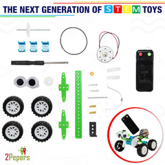 2Pepers robotic car kit on a desk showing wheels and moving parts