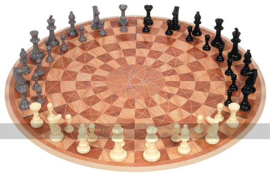 3 Man Chess round board open for easy transport and social play.
