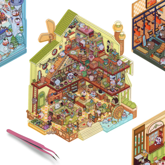 3D Sticker Therapy Scene Cozy Room: calming isometric home setup for mindful crafting