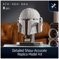 Close-up of Mandalorian helmet texture showing film-accurate details