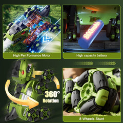 4DRC dinosaur truck performing 360-degree stunts indoors.