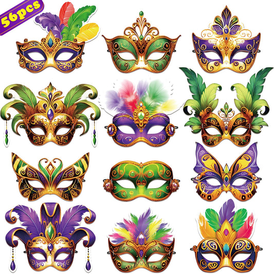 80UncleKimby 56PCS Mardi Gras masks, front view for festive decor.