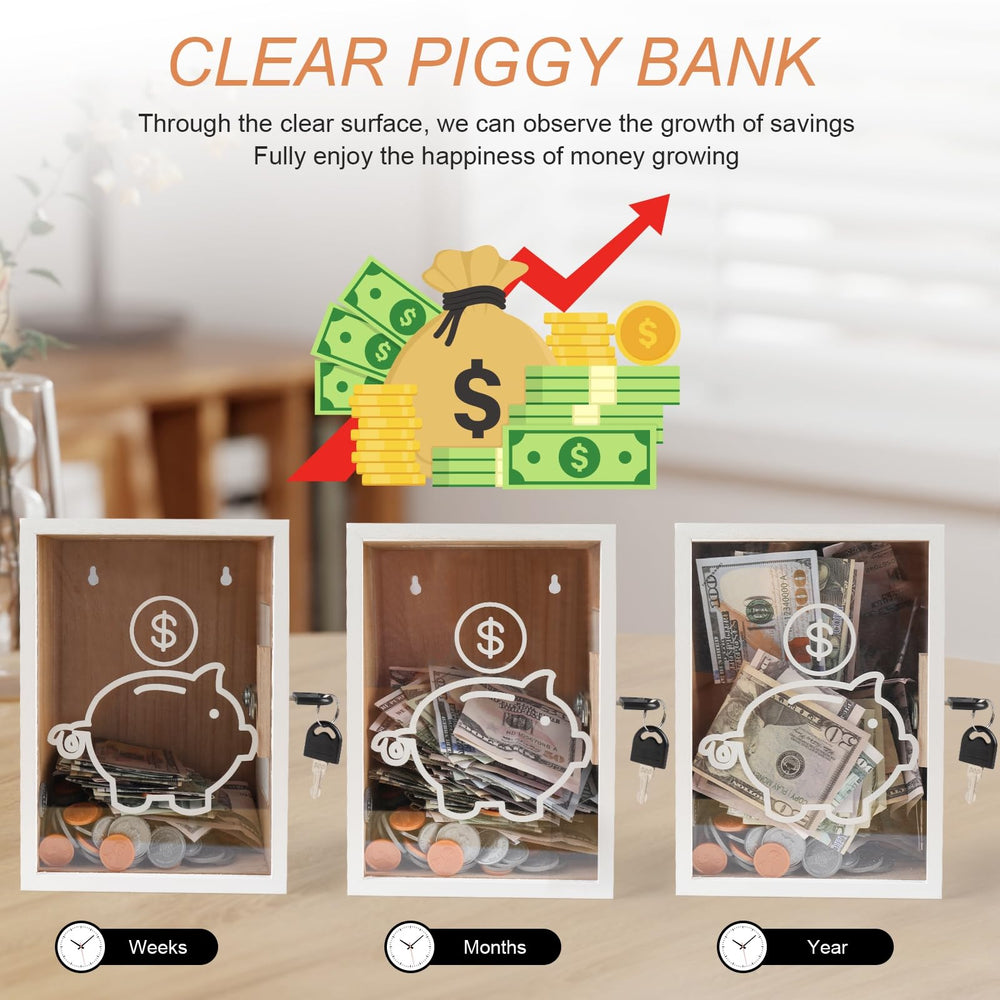 Mczxon piggy bank with two keys ensuring safe, reusable savings.