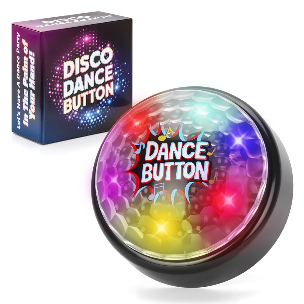 A AIFAMY Disco Dance Button close-up with colorful party lights.