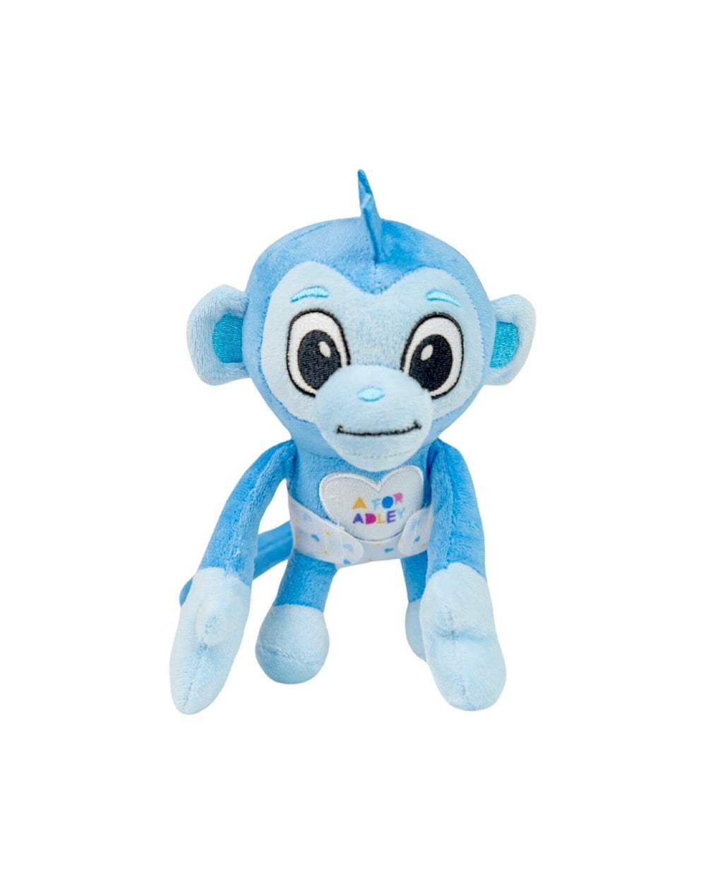 A FOR ADLEY blue monkey with diaper encourages nurturing role-play and cuddling.