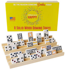 A Whole Lot Of Happy wooden domino tray with three shallow rows for clear visibility