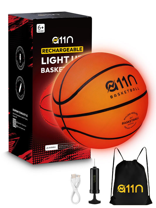 A11N SPORTS rechargeable LED basketball glowing at night for practice.