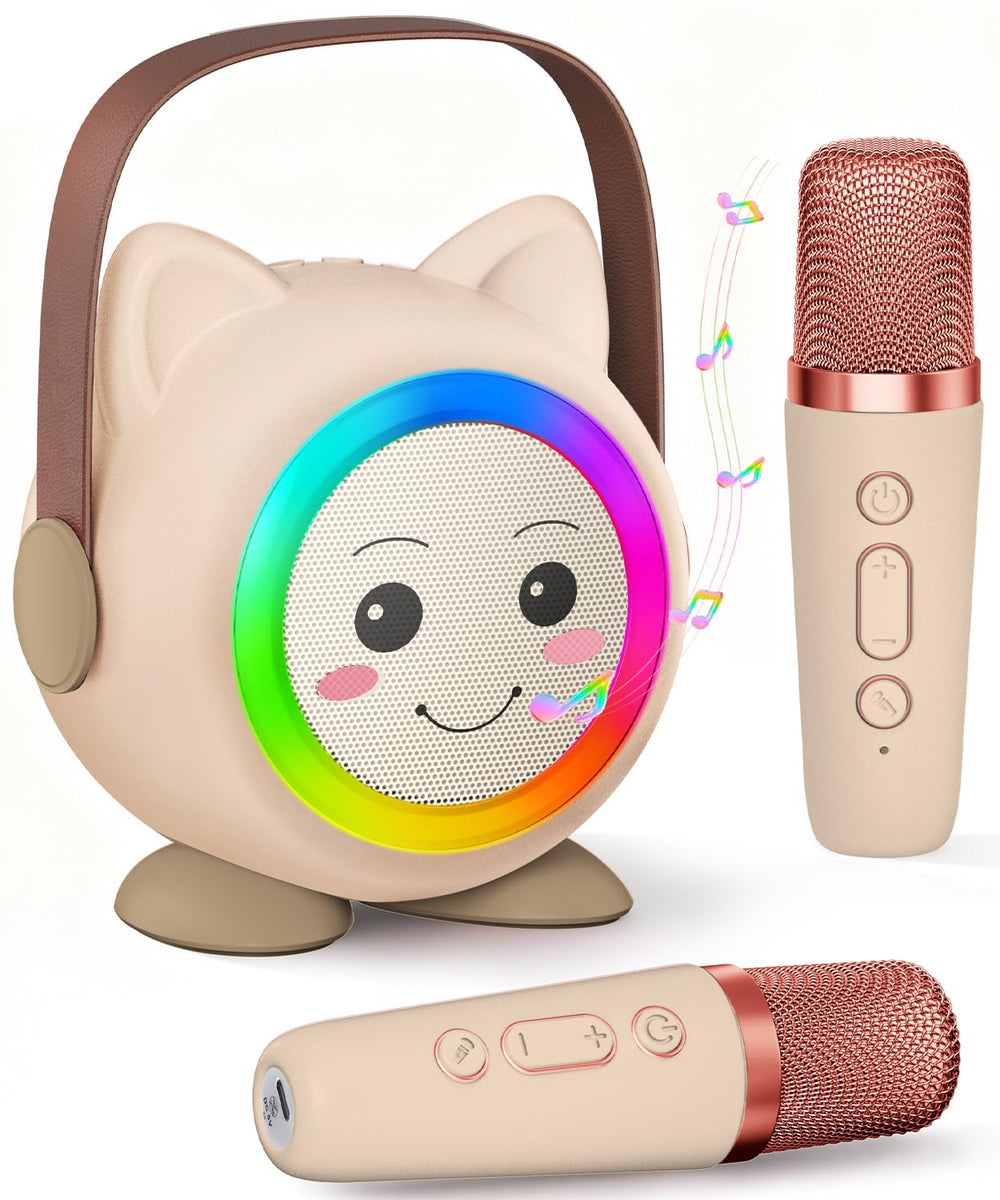 Aadmd mini karaoke machine beige front view for easy portability.