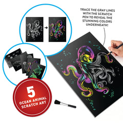 Abacus Brands scratch art set revealing vibrant ocean creatures for creative learning.