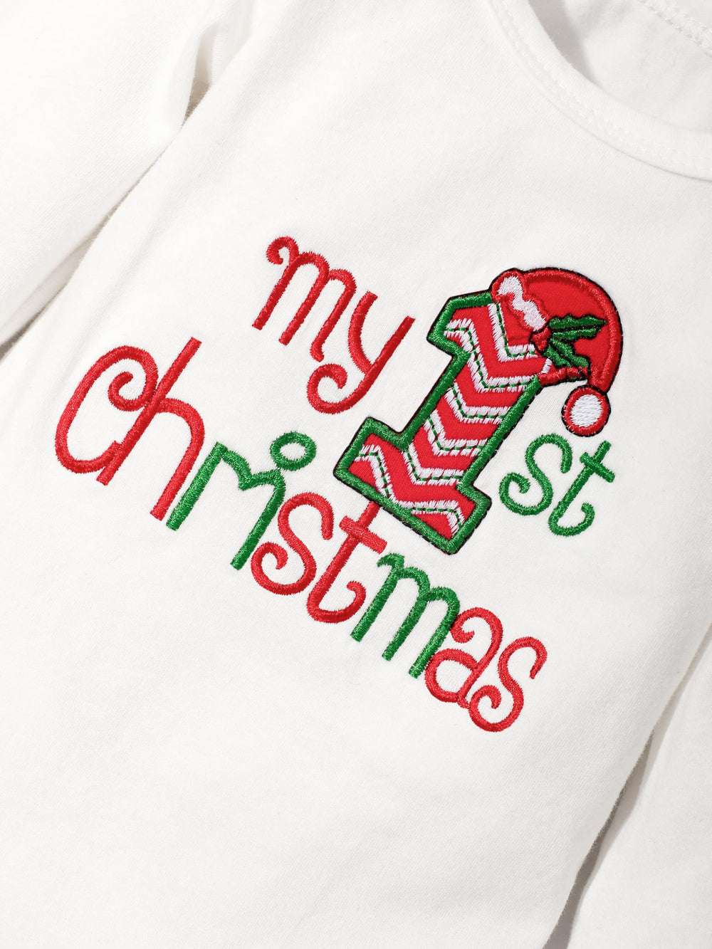 Abbence My First Christmas Outfit soft knit hat with festive embroidery for warmth.
