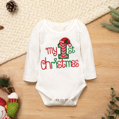 Abbence My First Christmas Outfit red striped pants with back embroidery for added charm.