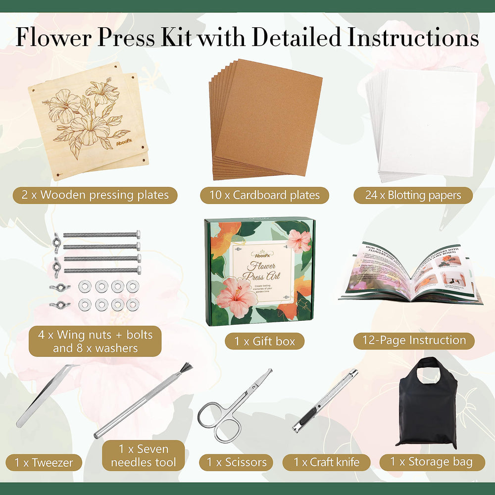 Aboofx Flower Press Kit tweezers, scissors, knife for careful handling