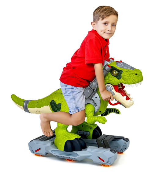 Ace Toys Land dinosaur ride-on in green, front view, promoting active indoor play