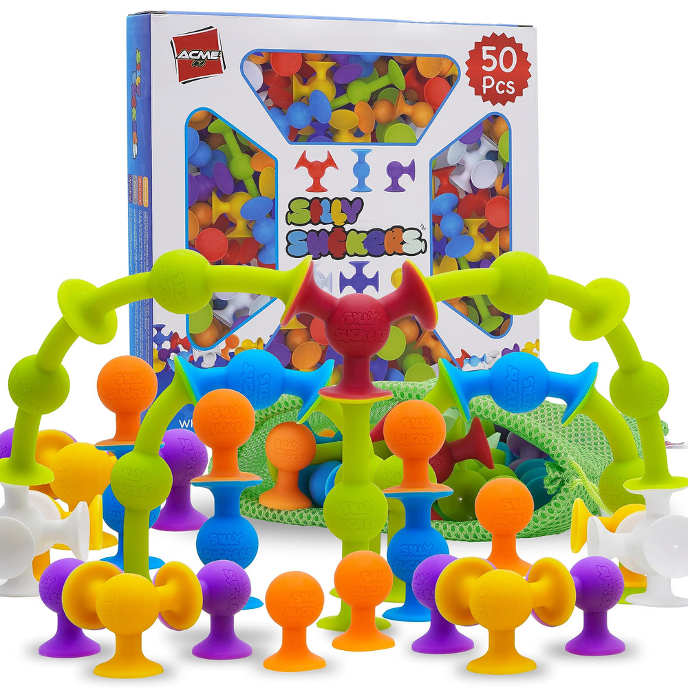 ACME CO 50 pcs baby suction toys with colorful stacking shapes for fine motor skill practice.