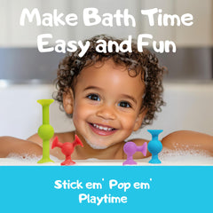 ACME CO suction bath toys adhered to wall for engaging, mess-free play during bath time.
