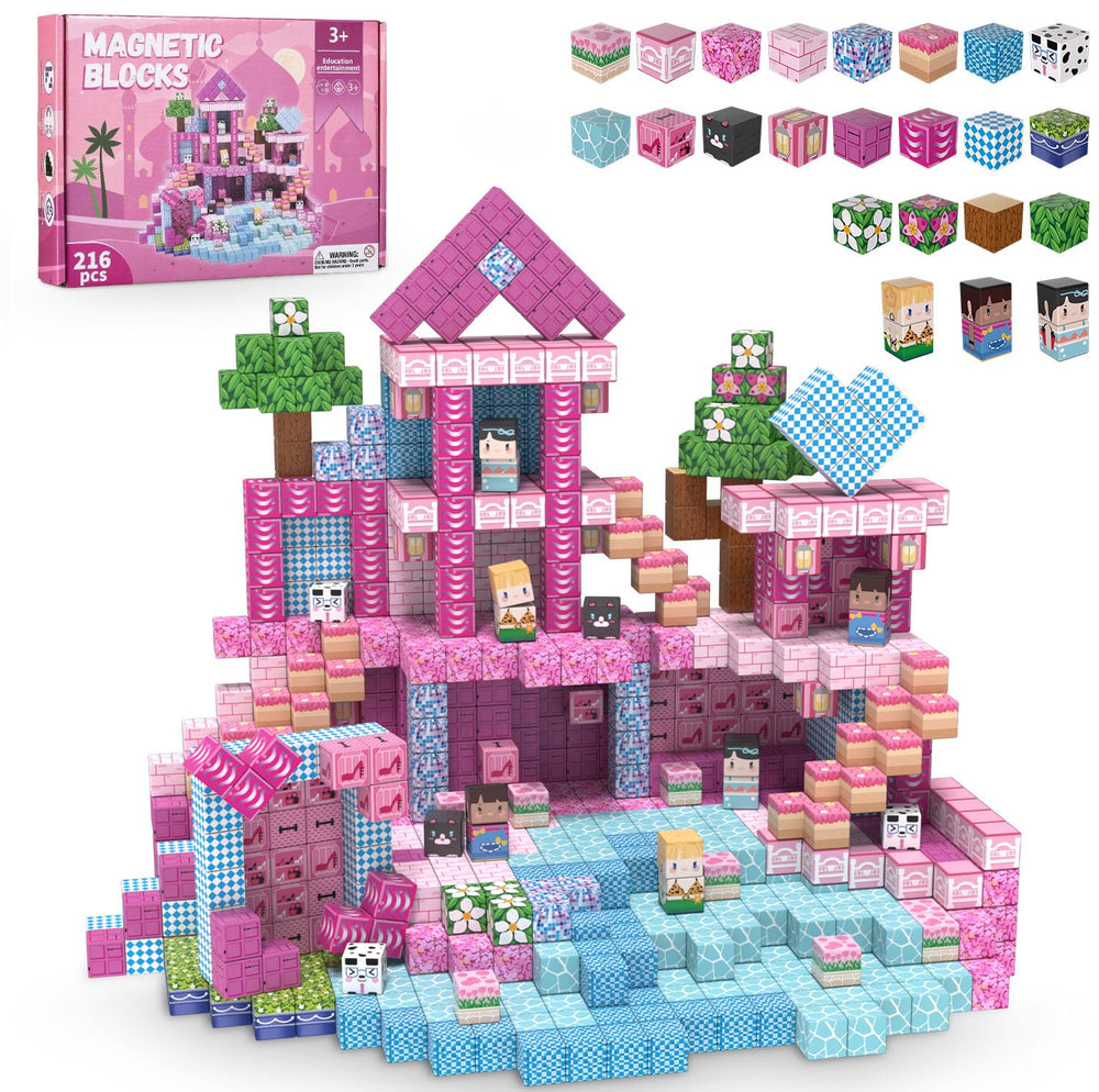ADAH 216pcs magnetic building blocks pink princess castle for imaginative play
