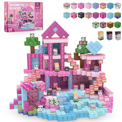 ADAH 216pcs magnetic building blocks pink princess castle for imaginative play