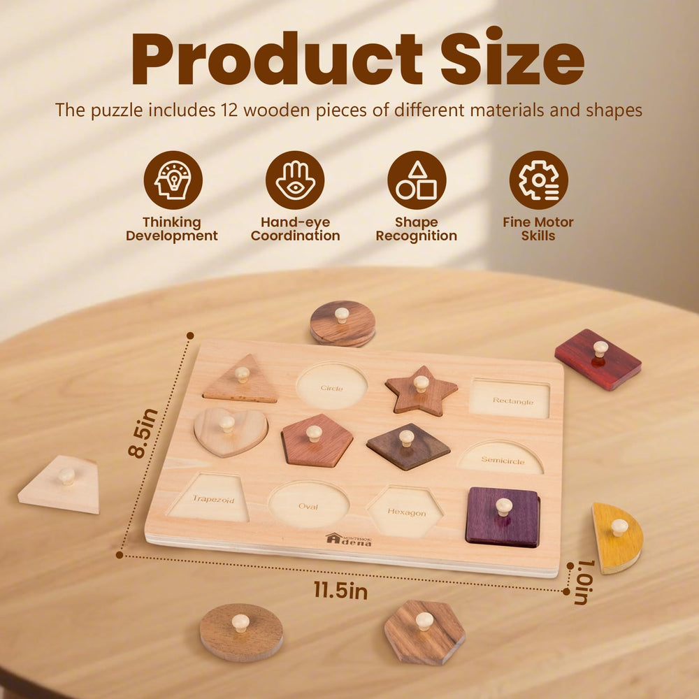 Close-up of knob handles on Adena Montessori wooden puzzle pieces for easy grip