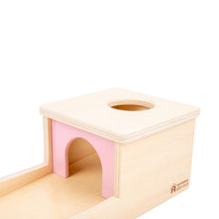 Adena Montessori object permanence box closeup highlights colorful balls and tray.