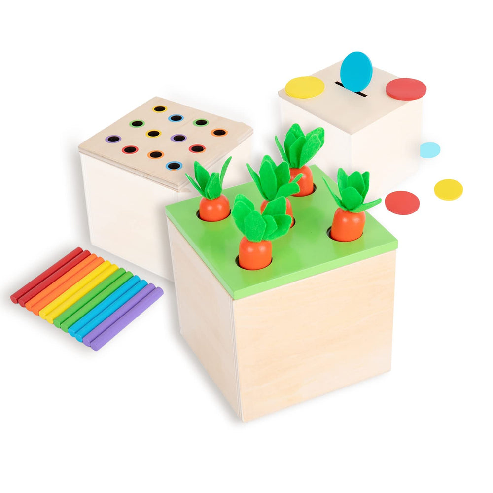 Aaden a Montessori carrot harvest game, tactile learning for little hands.