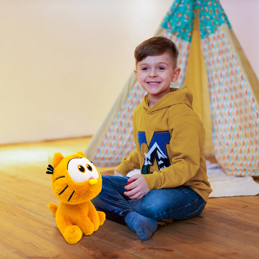 Adenzai Garfield plush being hugged by a child for comforting companionship.