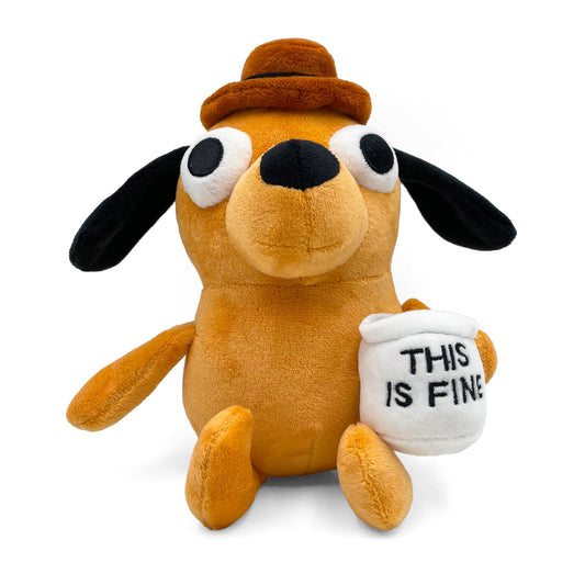 Adenzai This Is Fine dog plushie featuring coffee meme for cozy desk display.