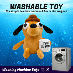 Adenzai This Is Fine dog plushie made with soft plush fabric for cuddling.