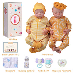 Gift-ready ADFO twin dolls shown with clothes and props