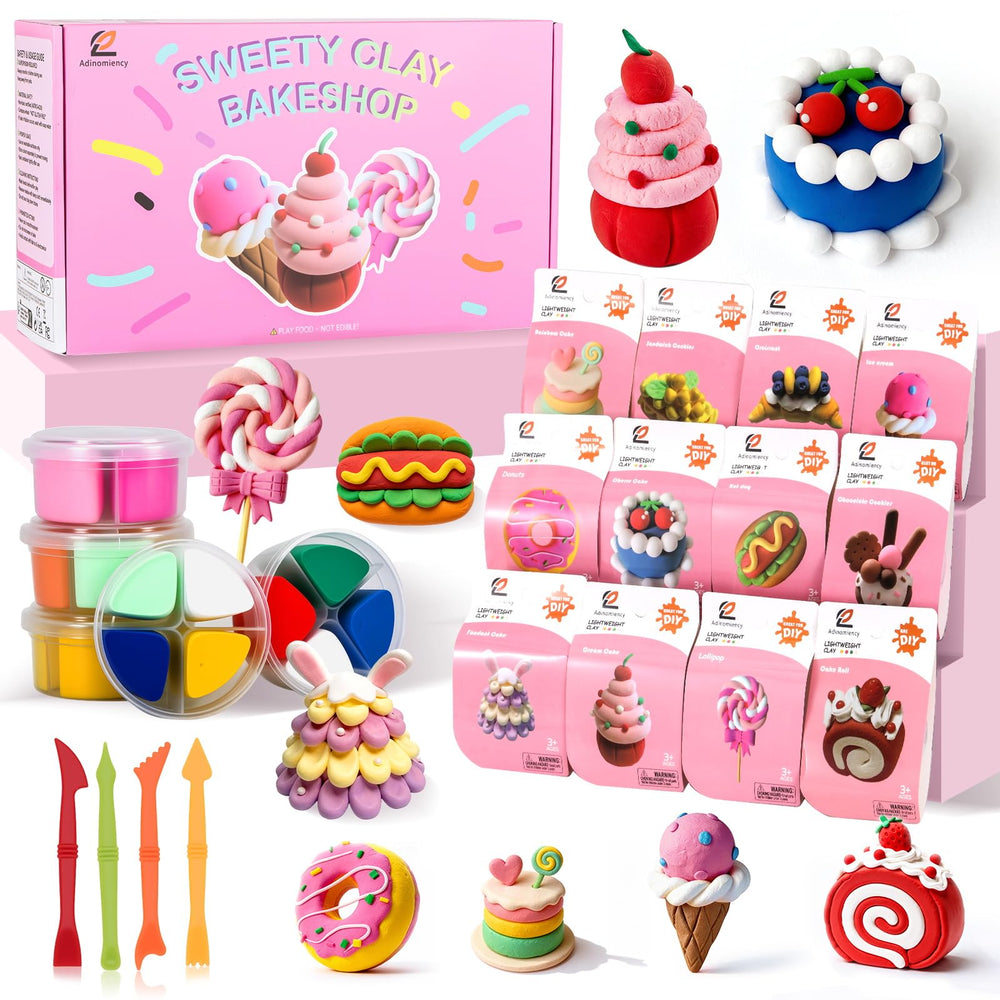 Adinomiency Christmas clay kit with 12 cups displayed for imaginative kids.
