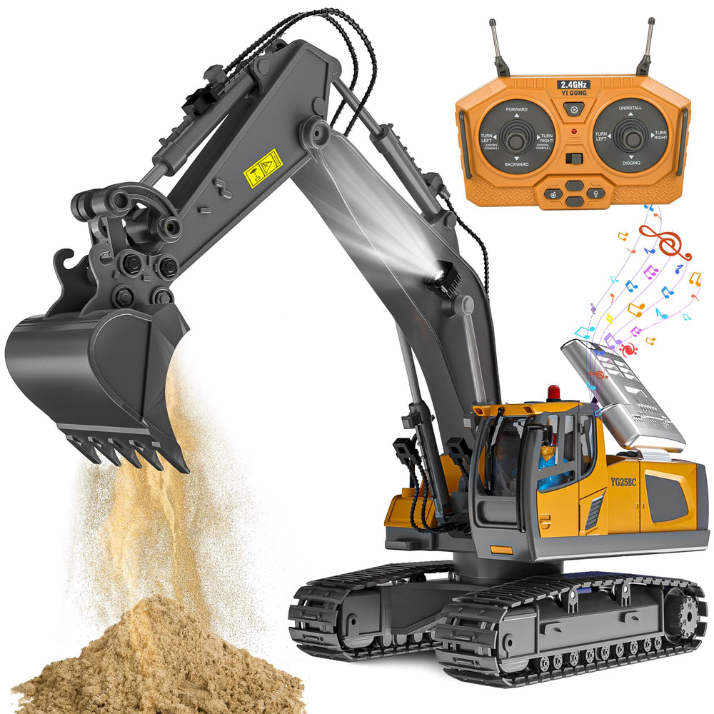 ADTHLIER RC excavator front view with 11-channel control for precise digging