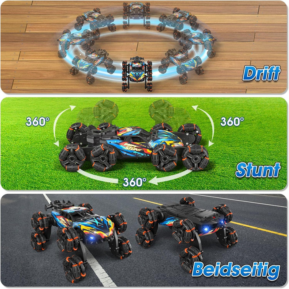 ADUSRIZ 8WD 360 rotation and 180 flip for dynamic stunt play.