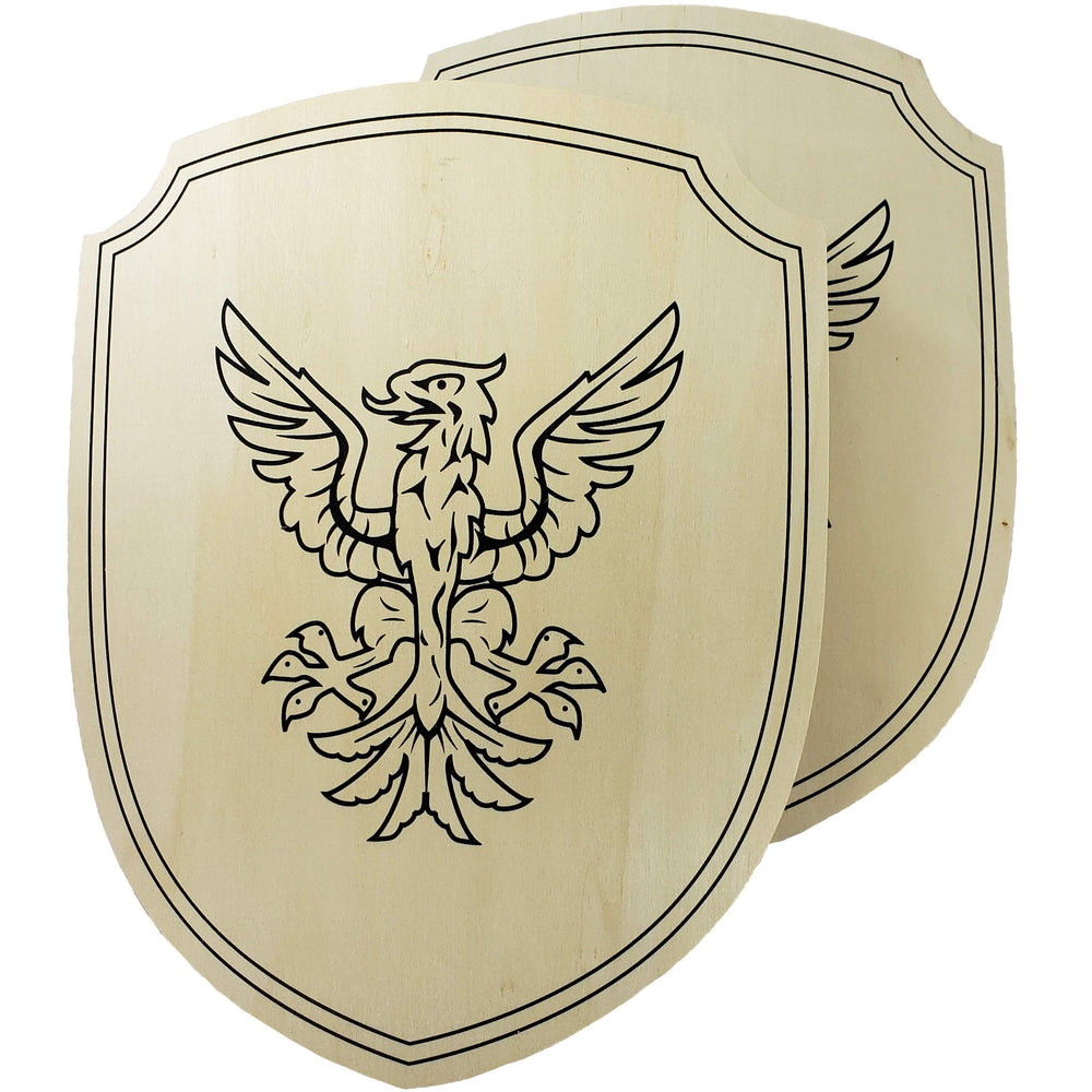 Adventure Awaits wooden toy shield front view shows sturdy, kid-friendly design for imaginative play.