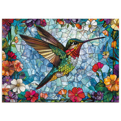 Aeekdook stained glass hummingbird puzzle cover with vibrant colors for display.