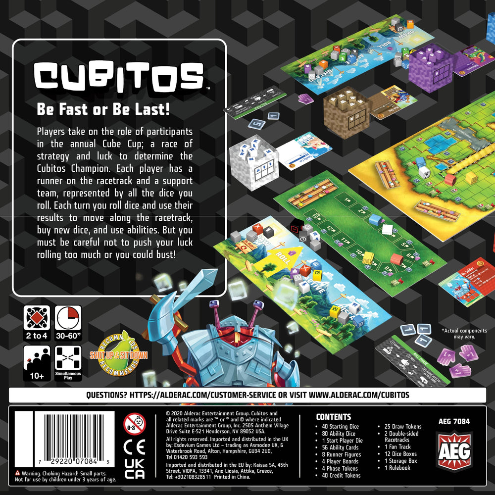 AEG Cubitos dice and cubes laid out for fast-paced tabletop action