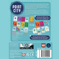 AEG Point City card-drafting: adjacent choices drive diverse city layouts.