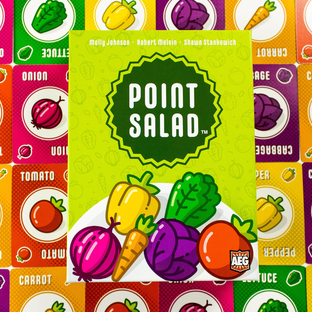 AEG Point Salad unboxed contents emphasize accessible family game night.