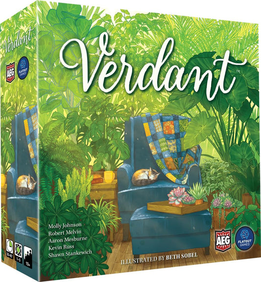 AEG Verdant board game setup with houseplants for a cozy family game night.