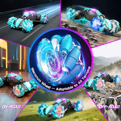 AEROQUEST gesture sensing RC stunt car off-road action on varied terrain.