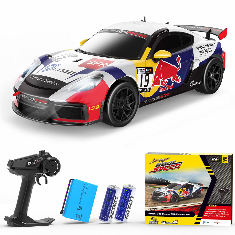 AEROQUEST Porsche 718 Cayman GT4 RC car front view highlighting realism for exciting races.