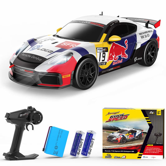AEROQUEST Porsche 718 Cayman GT4 RC car front view highlighting realism for exciting races.