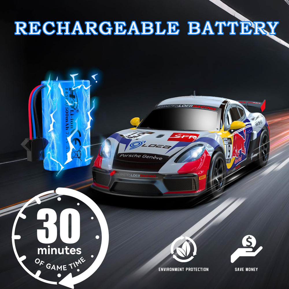 AEROQUEST Porsche 718 Cayman GT4 RC car rear view with taillights ready for night play.