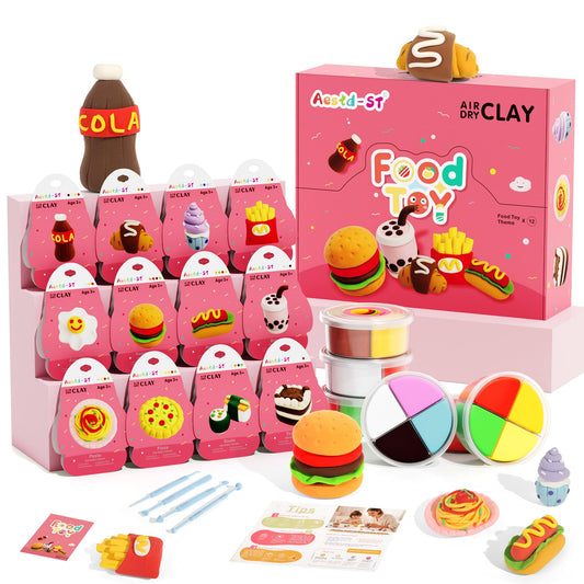 Aestd-ST air dry clay kit with twelve colors organized in boxes for mess-free crafting.