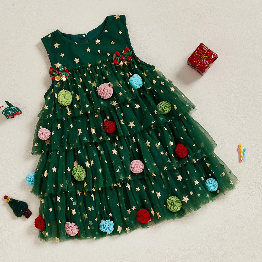 Afunbaby green Christmas tree dress, back view showing tutu for festive outings.