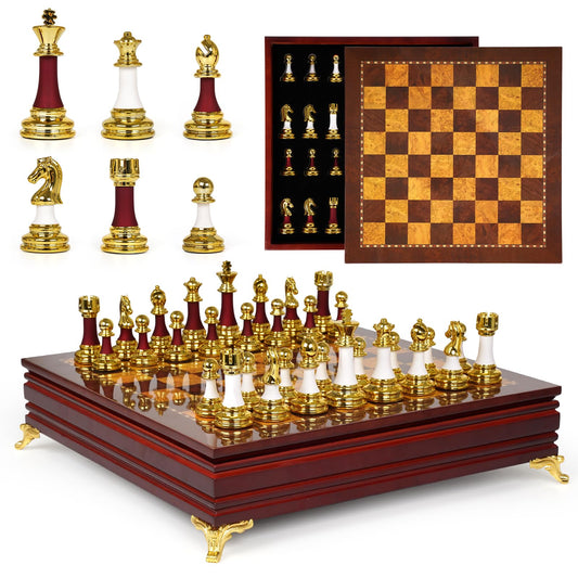 Agirlgle weighted zinc alloy chess pieces for balanced play on a wooden board.
