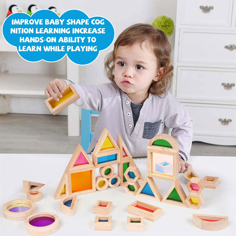 Agirlgle blocks enable tower-building and imaginative architectural play.